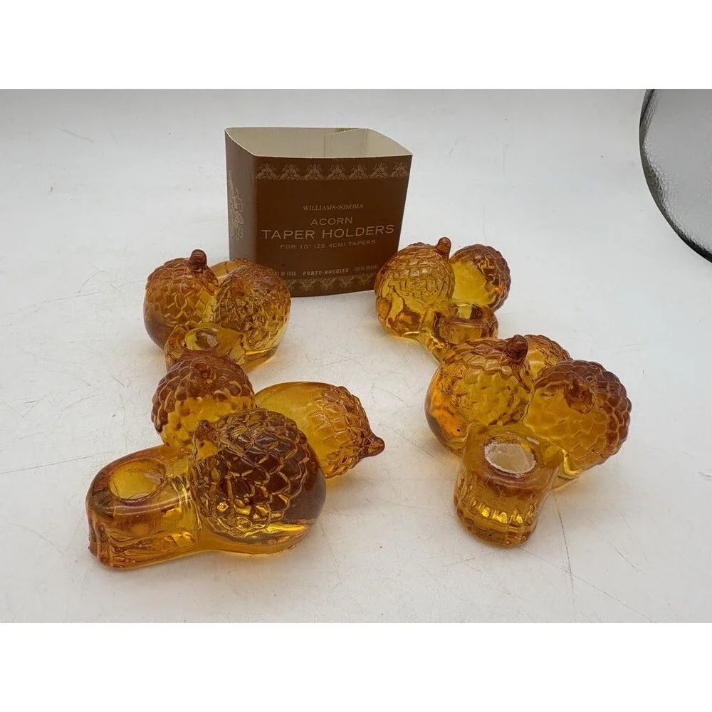 Williams Sonoma Amber Glass Acorn Taper Candle Holders Set 4 Fall Decor